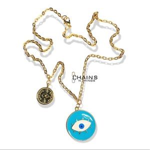 Blue Evil Eye Necklace charm, golden thick chain 18.5" circle eye protection 👁